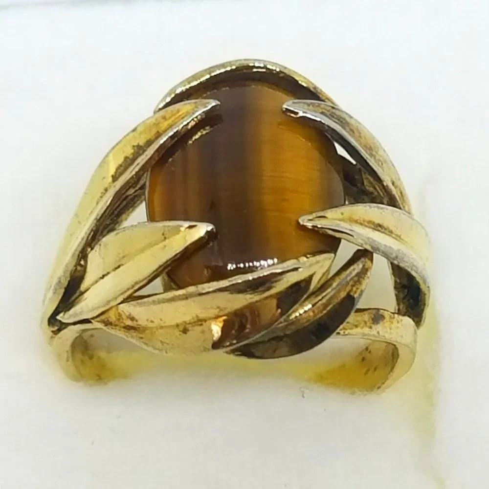 Vintage Oval Tiger Eye Stone Ring set in 925 Gold Plated Sterling Silver Ring